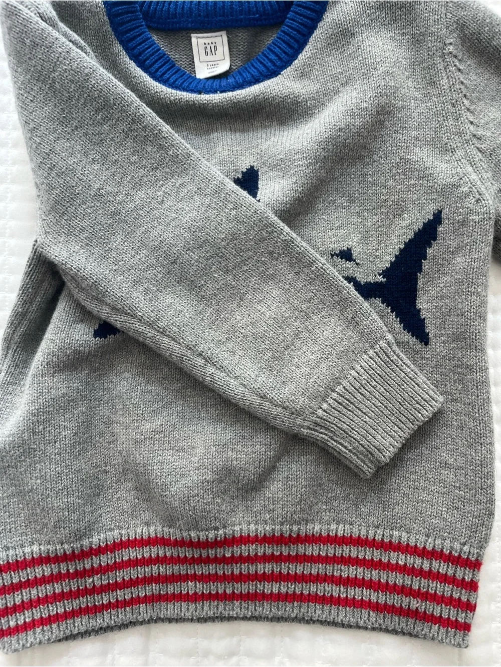 Gray 3T Kids Sweater with Navy Shark and Red Stripe Detail